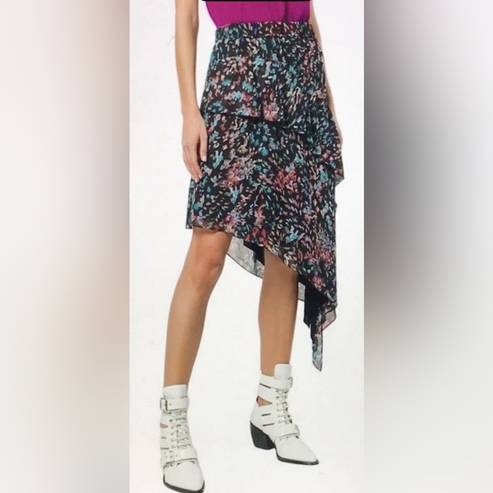IRO Blink Asymmetric Tiered Black Floral Elastic Waist Midi Skirt